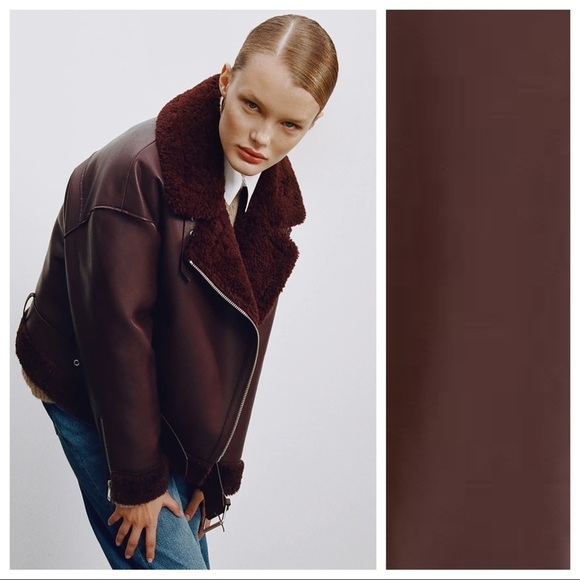 NWT. Zara Burgundy Faux Leather Double Faced Aviator Biker Jacket. Size XS. - Picture 4 of 12